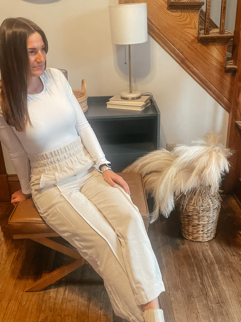 Cream Corduroy Wide Leg Pants